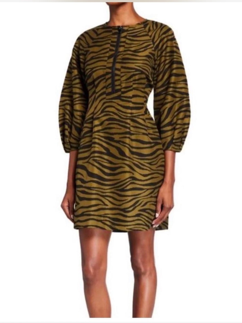 Veronica Beard Olive Zebra-Print Puff-Sleeve Mini Dress